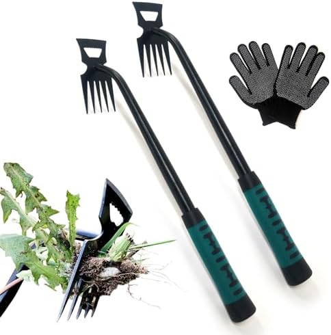 Handmatige Wieden | Onkruidtrekker, Draagbare Tuinonkruidverwijderaar, Onkruidverwijderaar, Handonkruidtool met Handschoenen, Handonkruidverwijderaar van Manganese Staal, Onkruidtrekker (5 Tanden – 2-Pack) Handmatige Wieden Handmatige Wieden