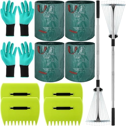 Harkens | 14-delige Tuinblad Hark Set, 2-delige Verstelbare Metalen Bladhark, 4-delige Bladscheppen, Handharken, 4-delige 72 Gallon Tuinzak, 4-delige Handschoenen Bladverzamelaar voor Bladeren, Gras, Gazonafval en Troep Harkens Harkens