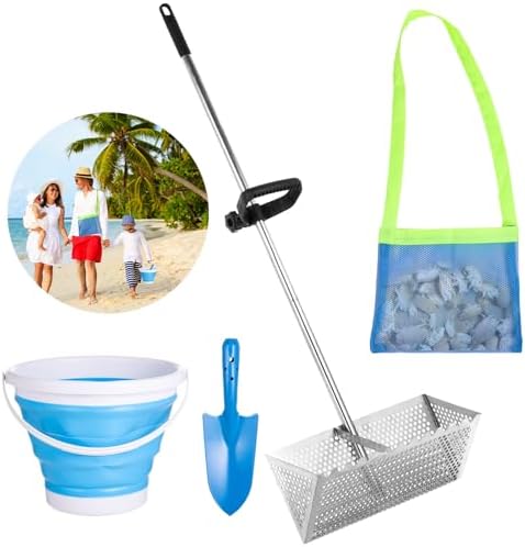 Harkens | 4 Stuks Zandvlooien Hark Kit – RVS Zandsifters Met Scherpe Tanden, Zandhark Met 47 Inch Lange Afneembare Handgreep, Opvouwbare Zandkrab Sifter Met Zandschep Net Strandtas Harkens Harkens