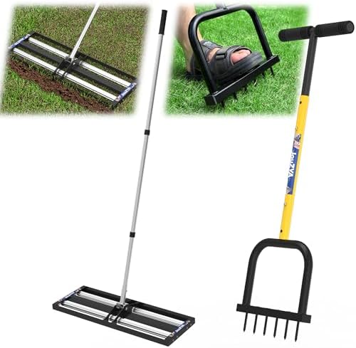 Harkens | Grondniveau-rake met aluminium rollers, roestvrijstalen 17″X1″ Levelawn-tool, gazonbeluchter, beluchter-gazon gereedschap met 6 scherpe tanden, handmatige kernbeluchter tuiniergereedschap voor gazononderhoud. Harkens Harkens