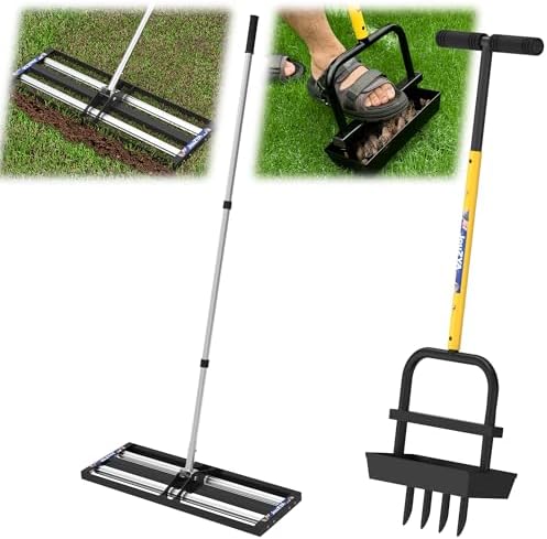 Harkens | Grondniveau-rake met aluminium rollers, roestvrijstalen 17″X1″ Levelawn-tool, gazonbeluchter coringtool, beluchter gazon-tool met bodemkernverzamelt tray en 4 holle sleuven Harkens Harkens