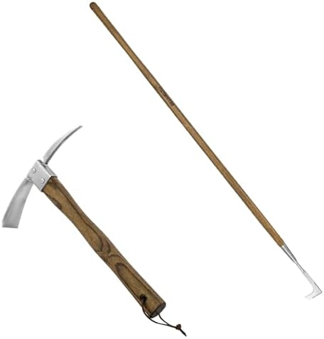 Tuinslang | Pickaxe, 62” L-vormige roestvrijstalen onkruidverwijderaar, comfortabele houten handgreep, onkruidverwijderaar voor stoep, voor tuin, gazon, bestrate patio en terras. Tuinslang Tuinslang